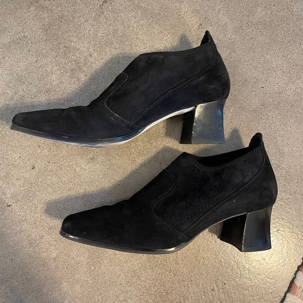 Ana Marino black Suede leather bootie shoe squared toe block heel womens size 7